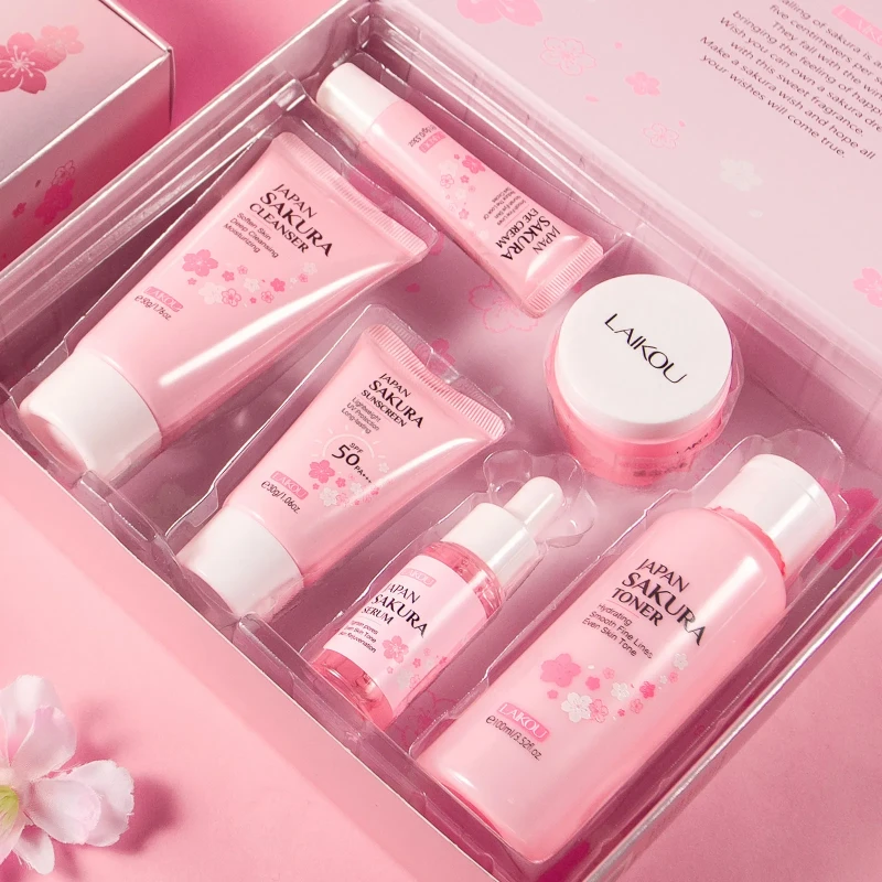 LAIKOU Moisturizing Reduce Fine Lines Brighten Skin Tone Face Care Toner Cream Eye Cream Cleanser 6Pcs Sakura Skin Care Set