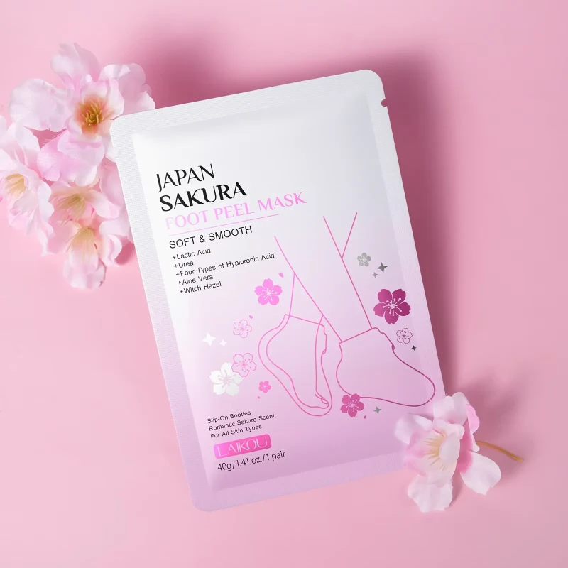 LAIKOU Japan Sakura Foot Peel Mask OEM Foot Spa Socks Callus Remover Pedicure Exfoliating Foot Masking Care Products